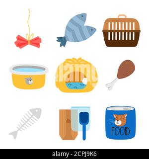 Vektor Zubehör und Futter für Katzen Icons Set. Katzenfutter und Spielzeug, Haushaltszubehör Illustration Stock Vektor