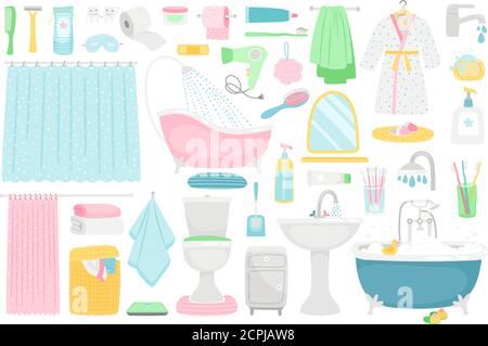 Badezimmer Cartoon Elemente. Vector Bad Inneneinrichtung und Hygiene-Zubehör, Bad und Handtuch, Seife und Zahnbürste Stock Vektor