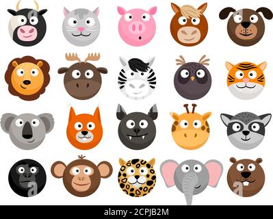 Tieremoticons. Pferd und Zebra Köpfe, Affen und Hund Gesicht Symbole, Tiger und Elefant lustige Freund Cartoon Pack isoliert auf weiß, Vektor-Illustration Stock Vektor