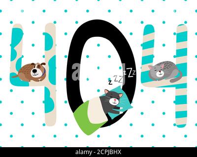 404 Fehlerseite. Lustige fehlende Seite Fehler Vektor Illustration, Computer nicht gefunden Home-Bildschirm Warnung mit schlafenden Katzen und Hund, Website verloren Stock Vektor