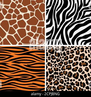 Zebra-, Giraffen- und Leopardenmuster. Vektor Tiger Streifen und jaguar Flecken Fell, Giraffe und Zebra nahtlose Hautdrucke Stock Vektor