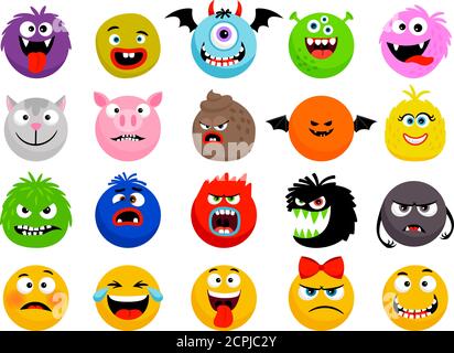 Monster und Tier Emoticons. Vektor Cartoon lustige Monster, niedliche Tiere Smileys Gesichter, Cartoon glücklich und beängstigend Ausdrücke Charaktere Stock Vektor