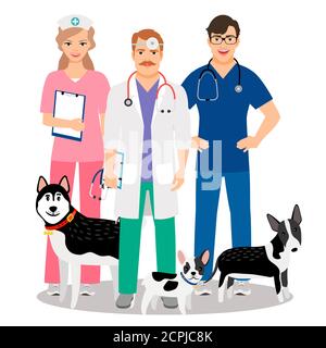 Hunde tierärztlich. Tierarzt-Team mit niedlichen Hunden Pflege für Tierarzt Klinik Vektor Illustration Stock Vektor