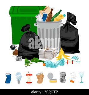 Müll auf Weiß. Cartoon-Vektor Müll und Lebensmittelabfall, Abfall und Abfall, Sweepings für Mülldeponie für Recycling, Vektor-Illustration Stock Vektor