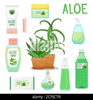 Aloe Vera. Cartoon Aloe Vera Produkte und Kosmetik, Pflanze in Topf und Saft und Kräuter Schönheit Produktverpackung für die Hautpflege, Vektor-Illustration Stock Vektor