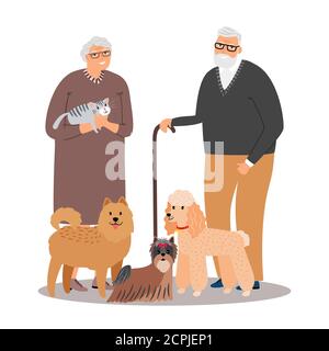 Tierliebhaber. Alte glücklich Petlover Paar mit Hunden und Katze Vektor-Illustration, Tier Freunde Charaktere Stock Vektor