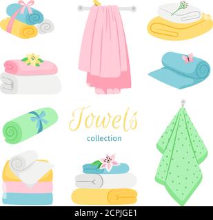 Set von Badfarbenen Handtüchern. Rollen und stapeln. Baumwolltuch für Badezimmer oder Strand Illustration Stock Vektor