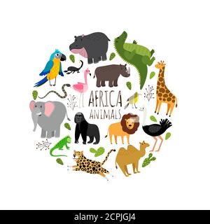 Cartoon afrikanische Tiere druckbare Vektor-Banner isoliert auf weißem Hintergrund Stock Vektor
