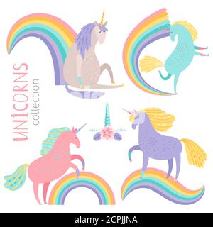 Vektor Cartoon Charakter Einhörner und Regenbögen isoliert auf weißem Hintergrund. Unicorn Charakter und Farbe Regenbogen Illustration Stock Vektor