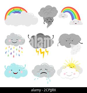 Niedliche Cartoon-Figuren Vektor Wetter-Symbole mit emotionalen Wolken gesetzt Stock Vektor