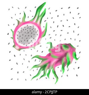 Aquarell Set von Pitahaya (Drachenfrucht) Und schneiden Sie mit Samen auf isolierten weißen Hintergrund.Hand bemalt.Mai Als Illustration für Speisen für Menü verwendet werden Stockfoto