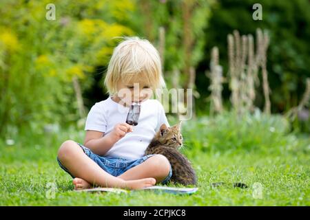 Cute blonde Kleinkind Kind, süßen Jungen, spielen im Garten mit kleinen Kätzchen, Buch lesen Stockfoto