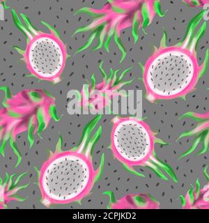 Aquarell Set von Pitahaya (Drachenfrucht) Und schneiden Sie mit Samen auf isolierten weißen Hintergrund.Hand bemalt.Mai Als Illustration für Speisen für Menü verwendet werden Stockfoto