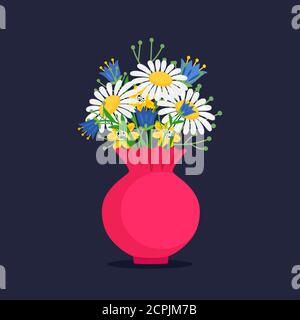 Vektor verschiedene Blumen Blumenstrauß auf dunklem Hintergrund. Blumenstrauß Blumen der Vase, Blüte Frühling florale Illustration Stock Vektor