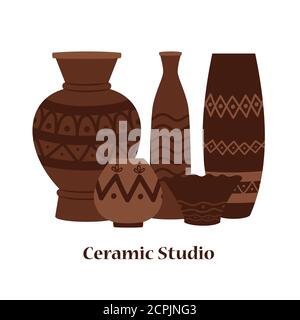 Keramik Studio Emblem Vektor-Design mit Ton Vasen und Töpfe. Illustration von Ton römischen traditionellen Vase Stock Vektor