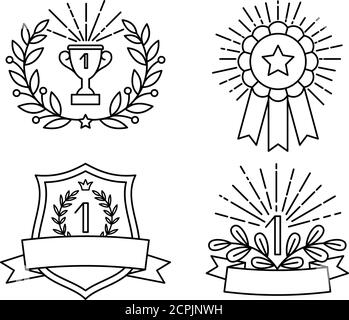 Schwarze Auszeichnungen skizzieren Symbole gesetzt. Vektor-Preis und Sieg Symbole, Tasse und Medaille lineare Symbole auf weißem Hintergrund Stock Vektor