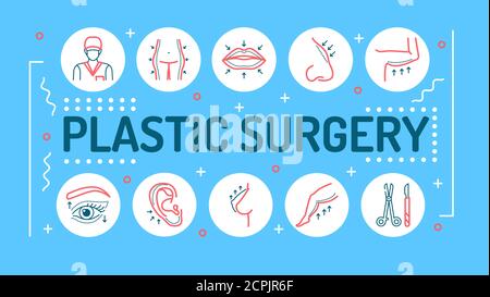 Plastische Chirurgie Wort Schrift Typografie. Korrektur weibliche Figur. Infografiken mit linearen Symbolen auf blauem Hintergrund. Kreative Idee Konzept. Vektor Stock Vektor