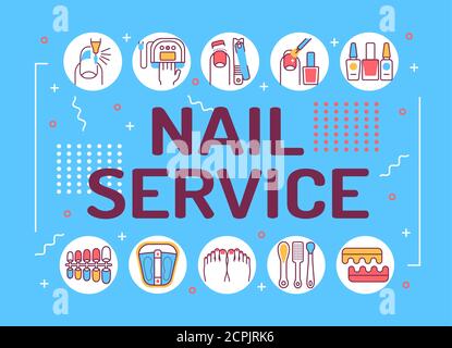 Nail Service Wort Schrift Typografie. Maniküre und Pediküre Verfahren. Infografiken mit linearen Symbolen auf blauem Hintergrund. Kreative Idee Konzept Stock Vektor