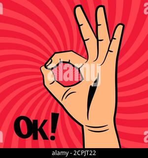 OK Zeichen Comic Pop Art Stil Vektor Hintergrund. Illustration der Geste ok, Hand okay und zustimmen Stock Vektor