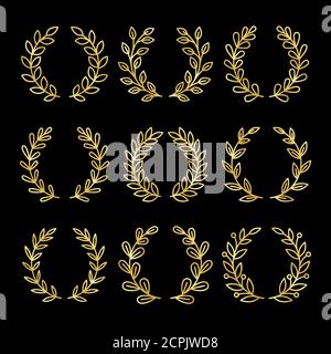 Goldene Kränze. Linearer Kranz mit goldenen Blättern isoliert auf schwarzem Hintergrund, florale Gewinner Rahmen oder Lorbeer Gewinner Auszeichnungen Symbole, Vektor-Illustration Stock Vektor