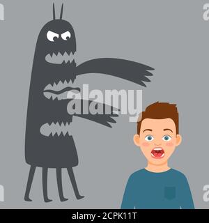 Scared boy und Angst Monster Vektor-Illustration. Mann und Monster Schatten, Junge erschrocken Stock Vektor