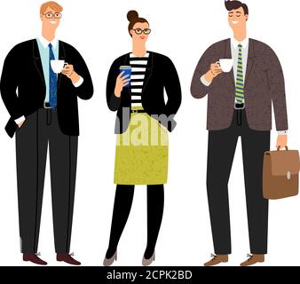 Kaffeepause für Geschäftsreisende. Büro Menschen Personen Gruppe mit Teekappen, Geschäftsfrau und Geschäftsleute freundlich reden und trinken Kaffee, Vektor-Illustration Stock Vektor