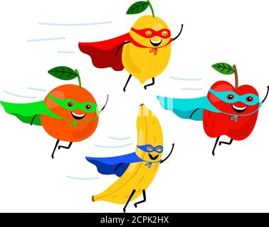 Super Früchte. Lächelnd Obst Superhelden Vektor-Illustration, bunte lustige vegetarische Lebensmittel Superhelden, Cartoon fruchtige Charaktere Stock Vektor