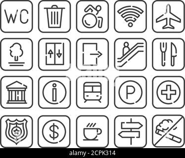 Öffentliche Navigation schwarze Linie Symbole setzen .Piktogramme für Web-Seite, mobile App, promo. UI UX GUI Designelemente. Bearbeitbare Kontur. Stock Vektor