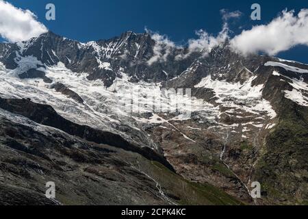 Schweiz, Kanton Wallis, Saastal, Saas-Fee, Fee-Gletscher mit Mischabel, Täschhorn, Dom und Lenzspitze Stockfoto