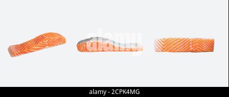 Rohes frisches Lachsfilet, isoliert auf weißem Hintergrund Stockfoto