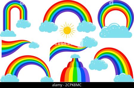 Farbige Regenbogen mit Wolken Sammlung. Regenbogen am Himmel, Wetterwolke, Vektorgrafik Stock Vektor