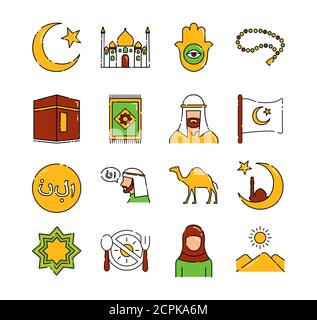 Islam Farbe Linie Symbole gesetzt. Symbole muslimische Religion. Piktogramme für Webseite, mobile App, Promo. UI UX GUI Design Element. Bearbeitbare Kontur. Stock Vektor