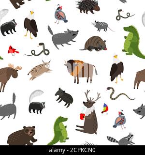Nordamerika Tiere nahtloses Muster. Vektorgrafik. Wildtiere Skunk und Büffel, Maus und Stachelschweine Stock Vektor