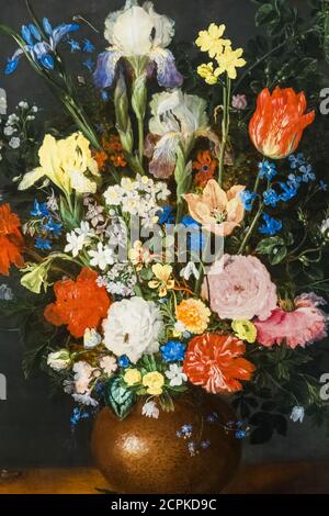 Blumenstilllebengemälde mit dem Titel 'Blumenstrauß in einer Tonvase' von Jan Brueghel dem Älteren aus dem Jahr 1609 Stockfoto