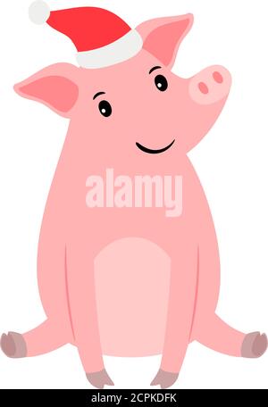 Happy rosa Schwein in santa Hut sitzend und lächelnd, Vektor-Illustration Stock Vektor
