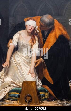 Gemälde mit dem Titel 'die Hinrichtung von Lady Jane Gray' von Paul Delaroche vom 1833 Stockfoto