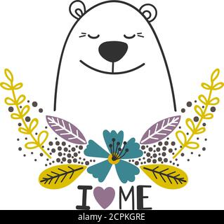 Love Yourself süße Illustration mit Eisbär und floralen Ornament, Vektor-Illustration Stock Vektor