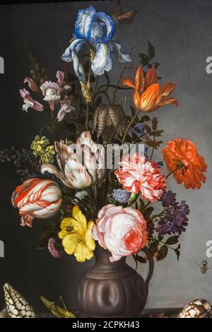 Blumenstille-Lebensmalerei mit dem Titel 'Blumen in einer Vase mit Muscheln und Insekten' von Balthasar van der Ast aus dem Jahr 1630 Stockfoto