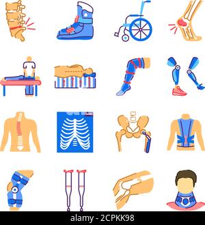 Flache orthopädische Farbsymbole gesetzt. Rehabilitation nach Verletzungen. Behandlung des Bewegungsapparates. Konzept der Mobilitätshilfe. Melden Sie sich für Webseite, mobile App Stock Vektor