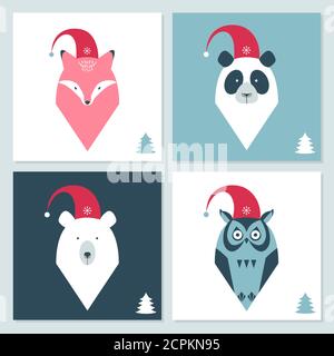 Set von Winterurlaub Karten mit Tieren. Bär, Panda, Eule, Fuchs. Stock Vektor