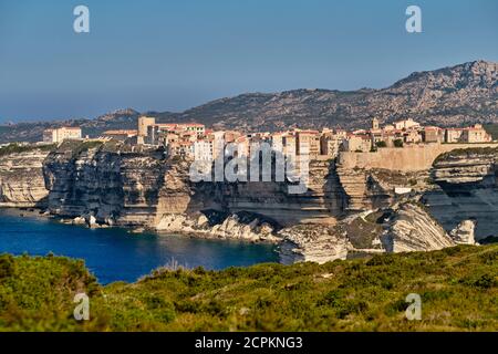 Die Limestone Küste und clifftop Zitadelle Stadt Bonifacio liegt an der südlichen Spitze von der französischen Insel Korsika - Corse du Sud Frankreich Stockfoto