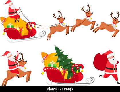 Neujahr-Symbole gesetzt, Hirte und Weihnachtsbaum, Santa Schlitten Vektor-Symbole auf weißem Hintergrund Stock Vektor