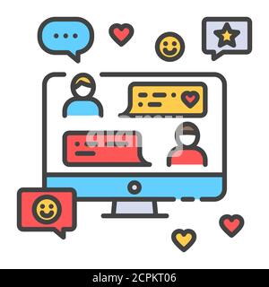 Online-Chat auf einem Computer-Farbliniensymbol. Internetkommunikation. Freizeit zu Hause. Vektor-isolierte Illustration. Bearbeitbare Kontur Stock Vektor