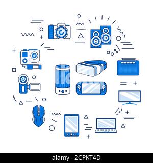 Gadgets-Webbanner. Elektronische Geräte. Infografiken mit linearen Symbolen auf weißem Hintergrund. Kreative Idee Konzept. Isolierte Farbdarstellung der Kontur Stock Vektor