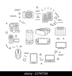 Gadgets-Webbanner. Elektronische Geräte. Infografiken mit linearen Symbolen auf weißem Hintergrund. Kreative Idee Konzept. Isolierte schwarze Umrissdarstellung Stock Vektor