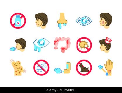 Farbsymbole für Allergie- und Symptomlinien gesetzt. Dermatologische, infektiöse Erkrankung. Lebensmittelunverträglichkeit, Vergiftung. Grippe, Grippe. Melden Sie sich für Webseite, Handy Stock Vektor