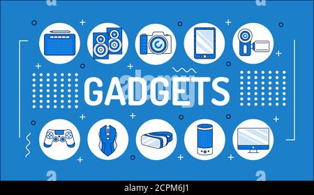 Gadgets Wort Schrift Typografie. Elektronische Geräte. Infografiken mit linearen Symbolen auf blauem Hintergrund. Isolierte Farbdarstellung der Kontur. Stock Vektor