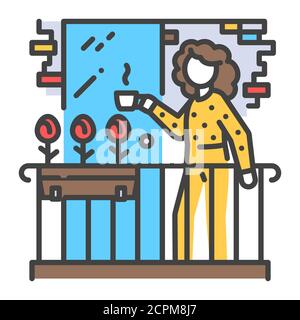 Frau stehen auf dem Balkon und trinken Tee Farbe Linie Symbol. Haus Fassade Balkon mit Fenster. Isolation von Menschen während der COVID-19 Pandemie Stock Vektor