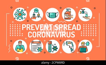 Verhindern Verbreitung Coronavirus Wort Schrift Typografie. Hygiene beachten, zu Hause bleiben. Infografiken mit linearen Symbolen auf orangefarbenem Hintergrund. Kreativ Stock Vektor