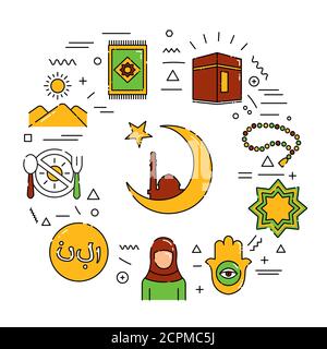 Web-Banner des Islam. Infografiken mit linearen Symbolen auf weißem Hintergrund. Kreative Idee Konzept. Isolierte Farbdarstellung der Kontur Stock Vektor